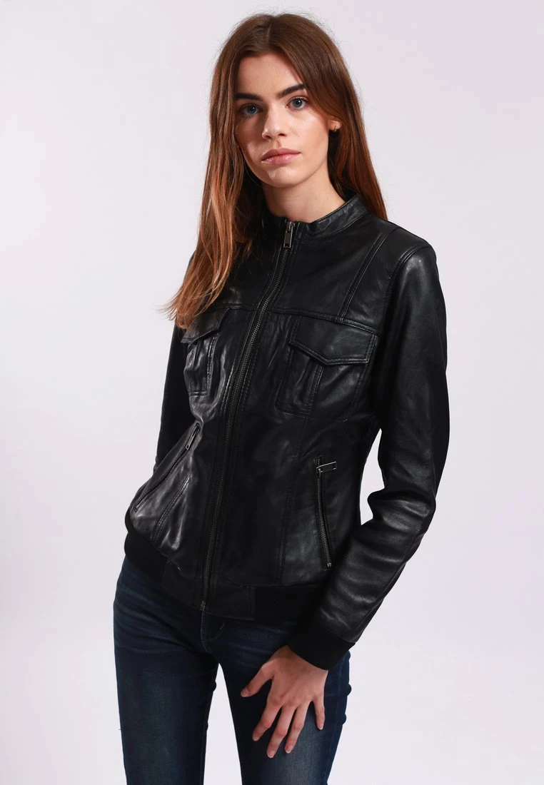 Lee Cooper Leather Jacket With Round Collar - 2 Zipped Side Pockets - - Veste En Cuir - Black 3 Lee Cooper Leather Jacket With Round Collar - 2 Zipped Side Pockets - - Veste En Cuir - Black