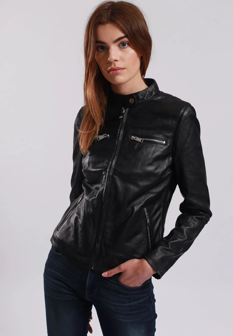 Lee Cooper Leather Jacket With Round Collar And Push Button Closure - - Veste En Cuir - Black 3 Lee Cooper Leather Jacket With Round Collar And Push Button Closure - - Veste En Cuir - Black