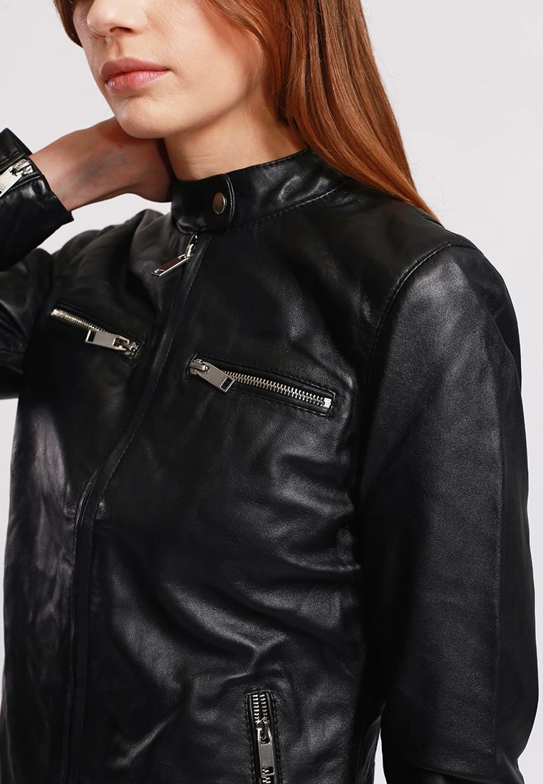 Lee Cooper Leather Jacket With Round Collar And Push Button Closure - - Veste En Cuir - Black 6 Lee Cooper Leather Jacket With Round Collar And Push Button Closure - - Veste En Cuir - Black – Image 4