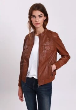 Lee Cooper Leather Jacket With Round Collar - 2 Zipped Side Pockets - - Veste En Cuir - Cognac