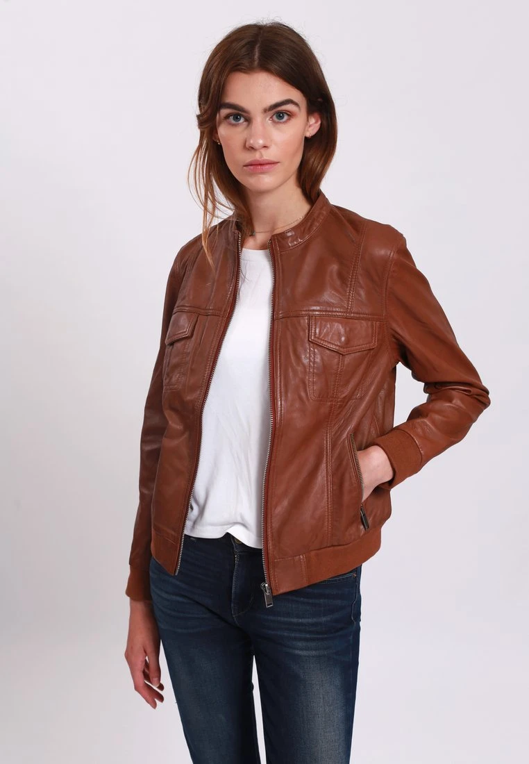 Lee Cooper Leather Jacket With Round Collar - 2 Zipped Side Pockets - - Veste En Cuir - Cognac 2 Lee Cooper Leather Jacket With Round Collar - 2 Zipped Side Pockets - - Veste En Cuir - Cognac