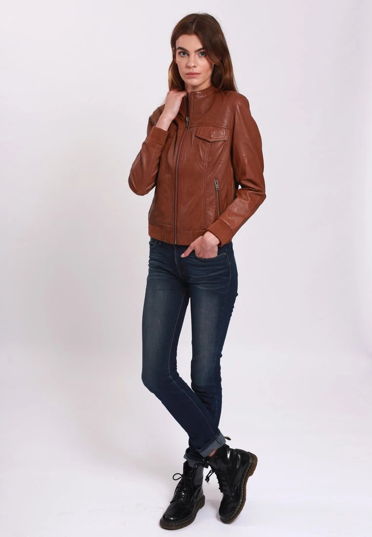 Lee Cooper Leather Jacket With Round Collar - 2 Zipped Side Pockets - - Veste En Cuir - Cognac 3 Lee Cooper Leather Jacket With Round Collar - 2 Zipped Side Pockets - - Veste En Cuir - Cognac – Image 2